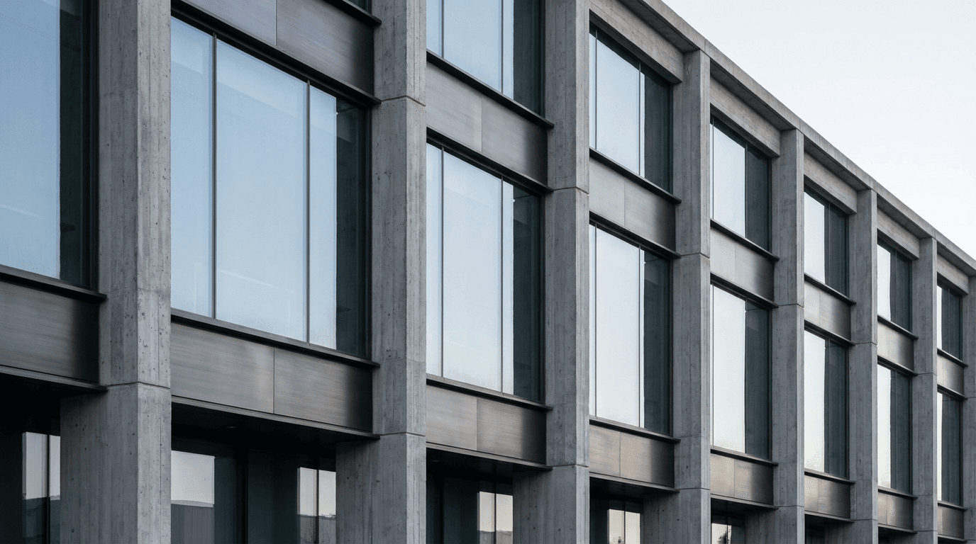 Façade en béton et verre d'un bâtiment moderne, vue en contre-plongée