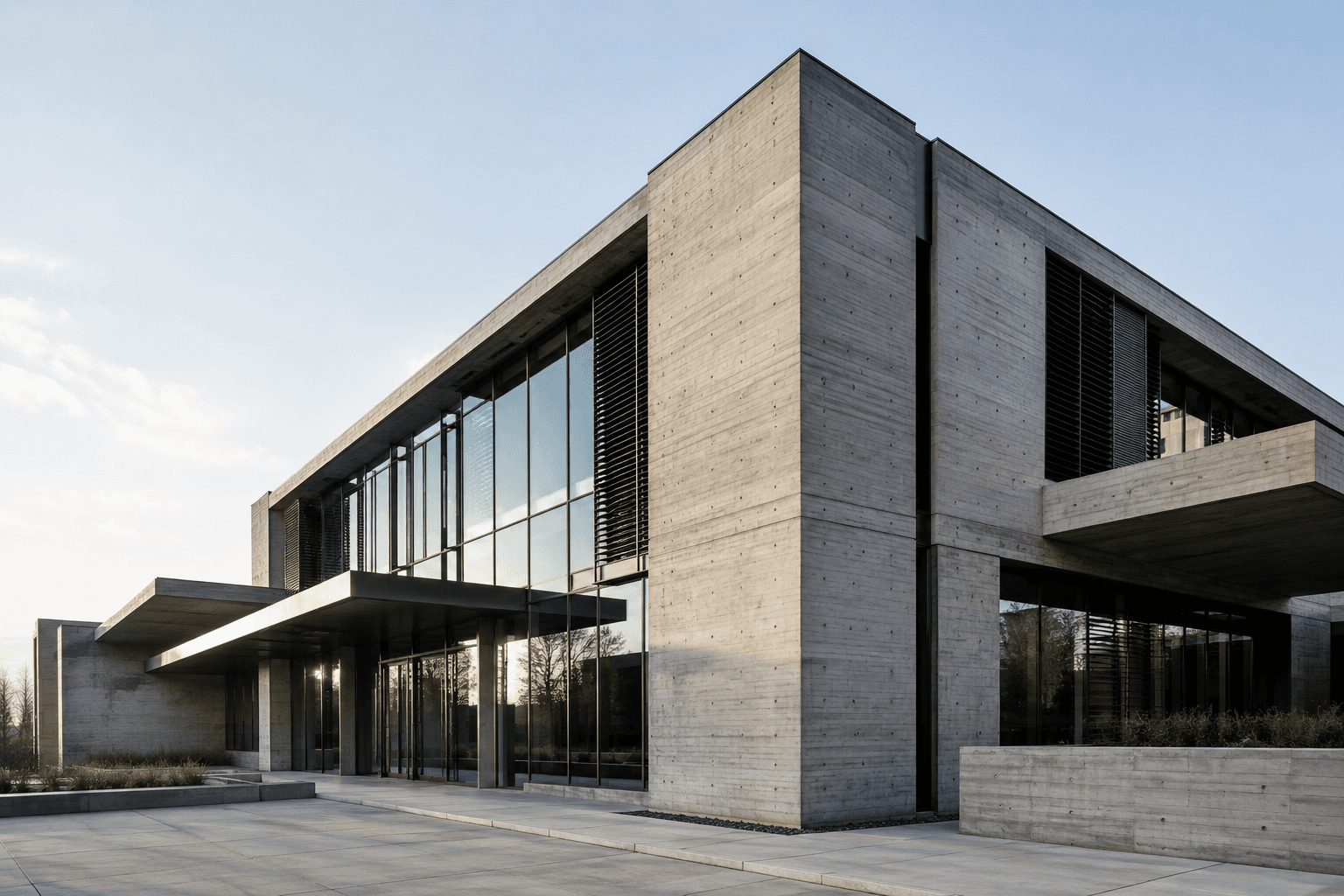Angle d'un bâtiment en béton avec verrière et auvent d'entrée, lumière du soir