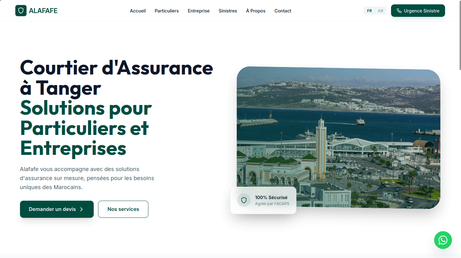 Page d'accueil du site Alafafe, avec le titre "Courtier d'Assurance à Tanger" et une vue aérienne du port de Tanger